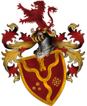Wappen von Leon Daubeny: Von einem goldenen Fluss dreigespaltenes rotes Feld, Vorne drei goldene Münzen, hinten das Vaness´sche Kreuz in Gold, oben ein wachender Turm in Gold